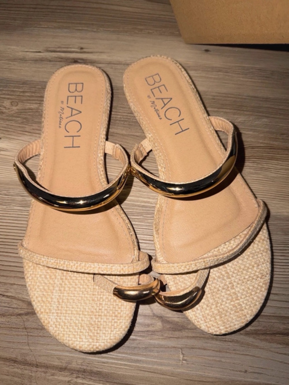 Matisse Beach Tan Slide Sandals with Gold Accents